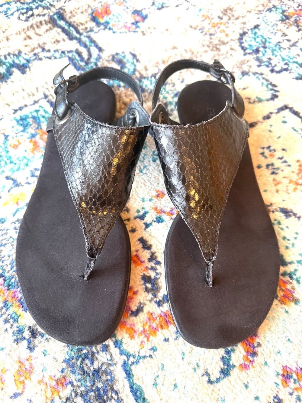 AEROSOLES Black Snakeskin Embossed Thong Sandals Slingback Flat Comfort